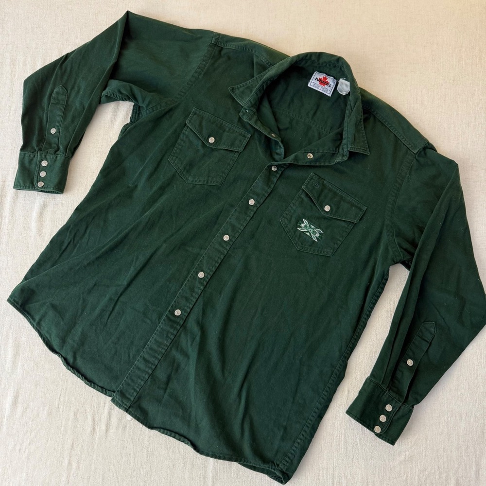 MWG Vintage Mens Western Work Shirt Forest Green Snap Twill L/XL made‎ in Canada